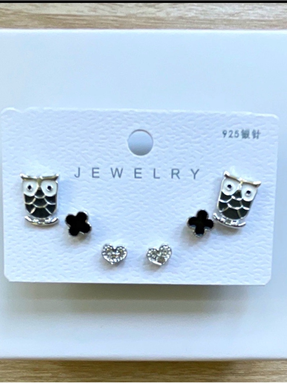 925 Sterling Silver Owl, Black Clover & Heart Earring Set - 3 Pairs